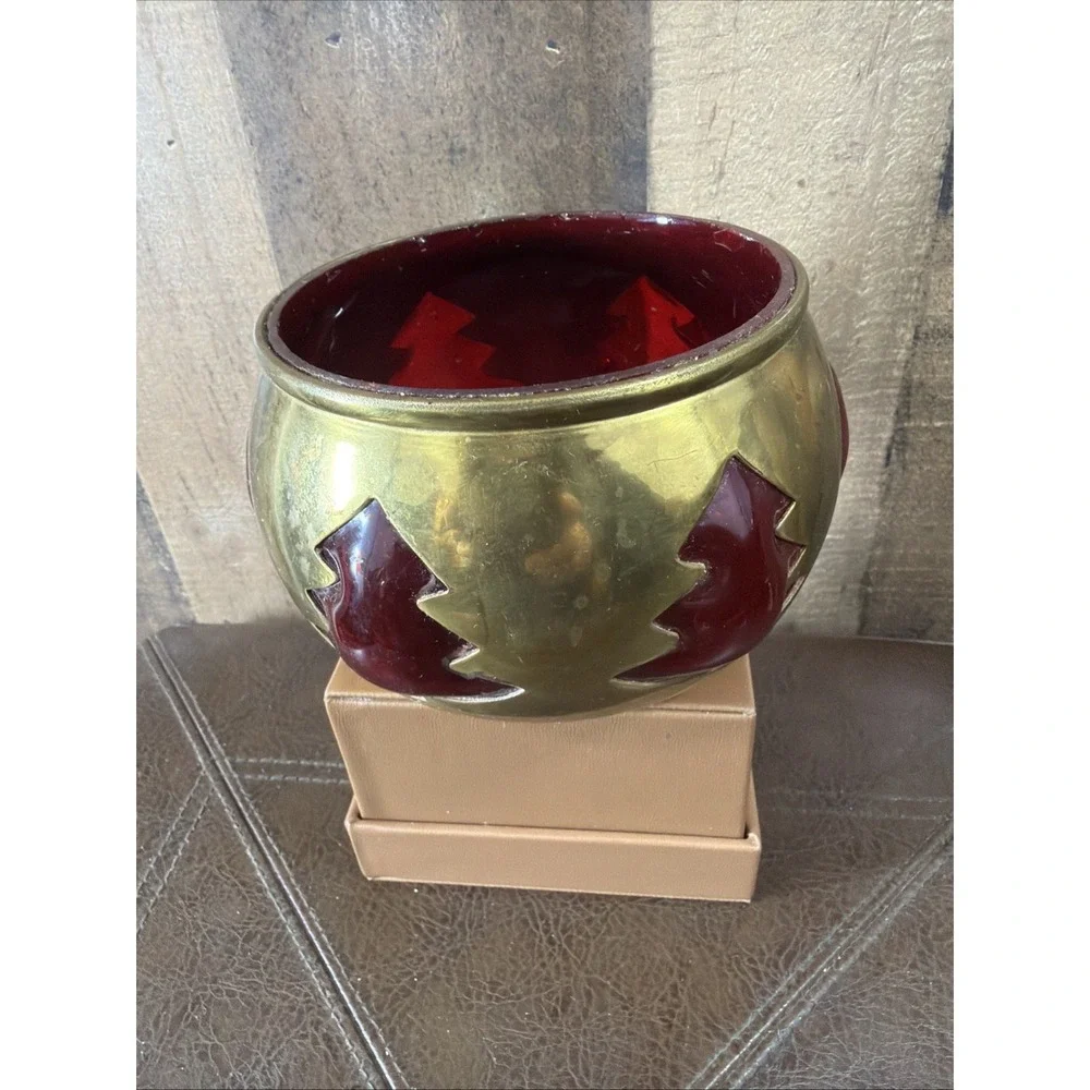 Vintage‎ Brass Ruby Red Glass Christmas Tree Votive Candle Holder Bowl 5.5